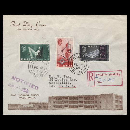 Malta 1958 Technical Education first day cover, VALLETTA