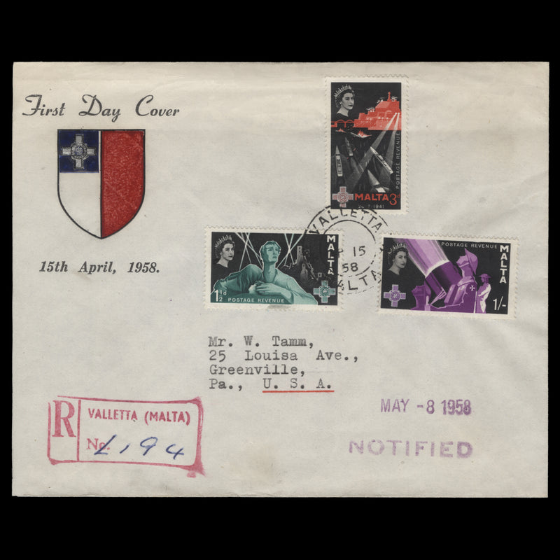 Malta 1958 George Cross Commemoration first day cover, VALLETTA