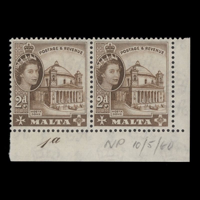 Malta 1960 (MNH) 2d Mosta Church plate pair, deep brown
