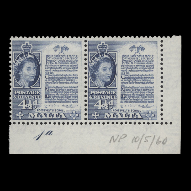 Malta 1960 (MNH) 4½d Roosevelt's Scroll plate 1a pair