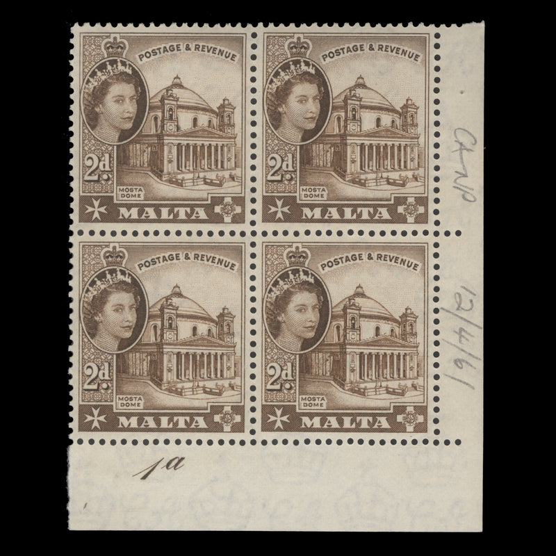 Malta 1961 (MNH) 2d Mosta Church plate 1a block, deep brown