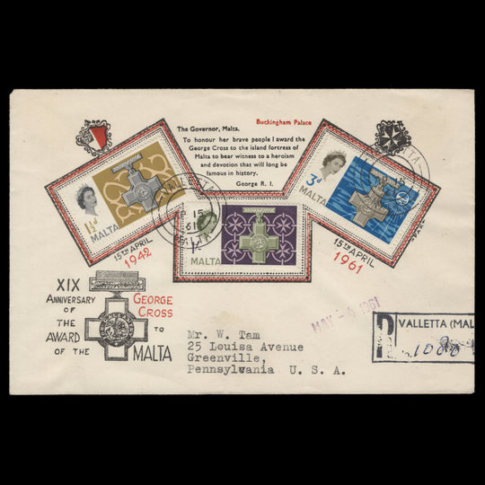 Malta 1961 George Cross Commemoration first day cover, VALLETTA