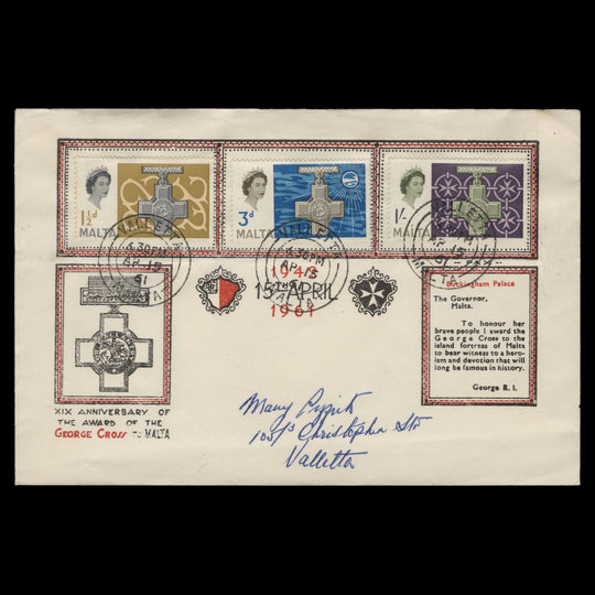 Malta 1961 George Cross Commemoration first day cover, VALLETTA