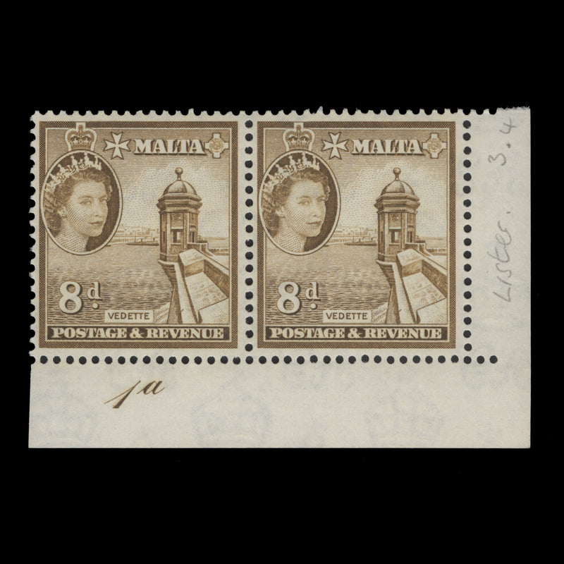 Malta 1962 (MNH) 8d Vedette plate 1a pair