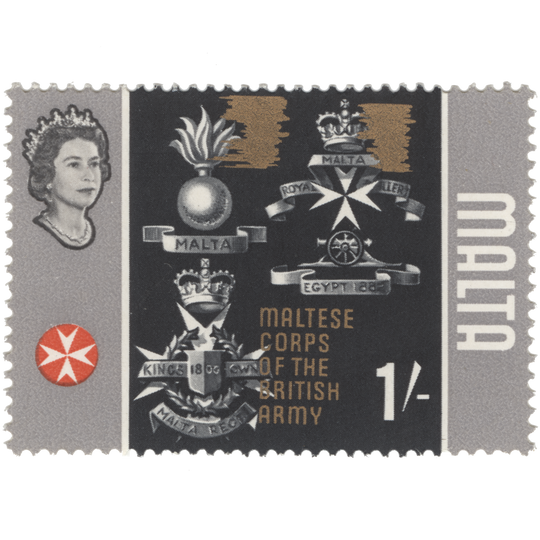 Malta 1965 (Variety) 1s Maltese Corps missing gold from frame