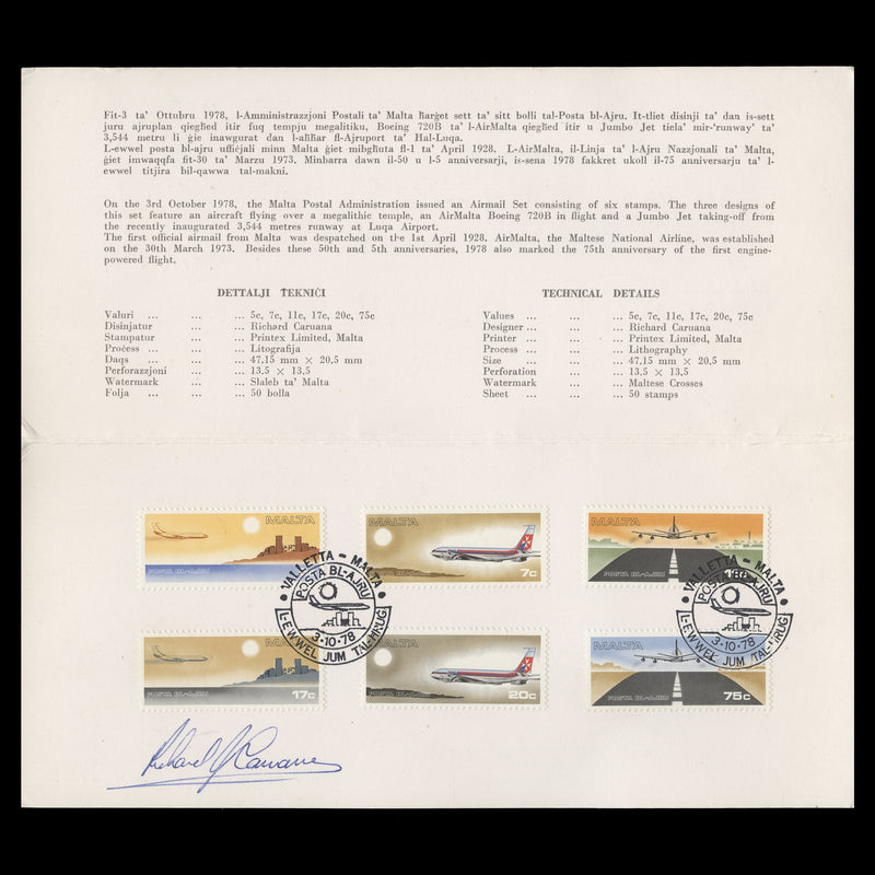 Malta 1978 Air presentation pack signed by Richard Caruana