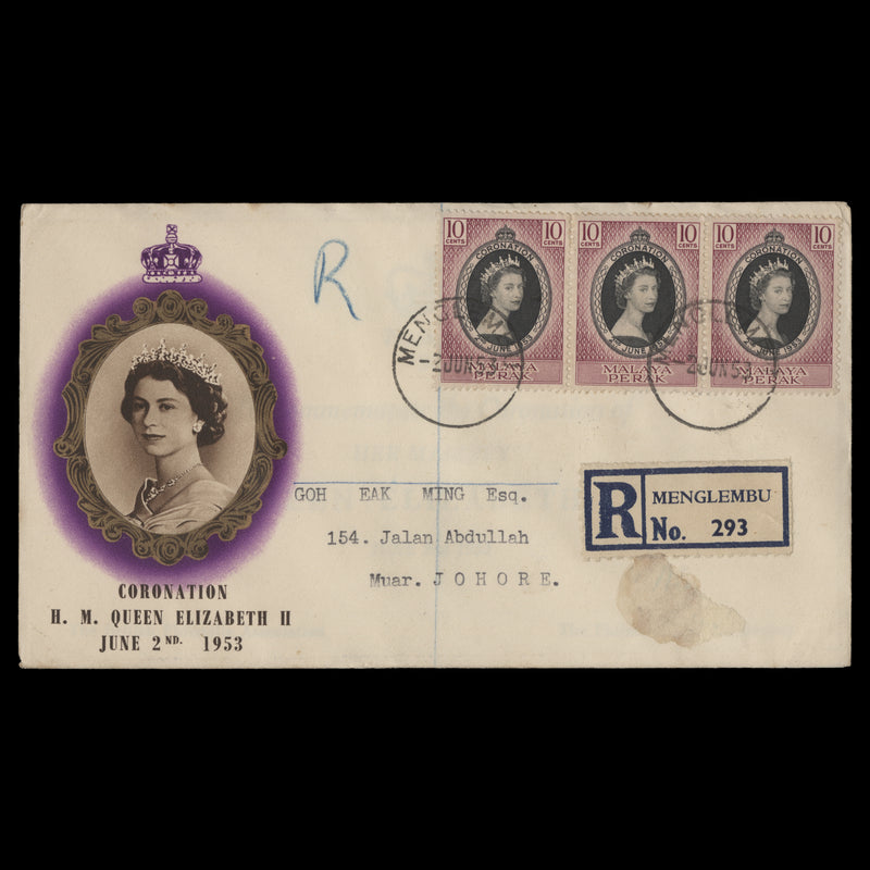 Perak 1953 (FDC) 10c Coronation strip, MENGLEMBU