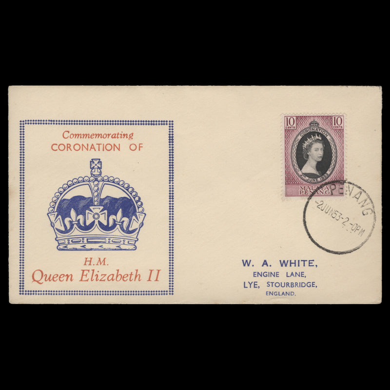 Penang 1953 (FDC) 10c Coronation, PENANG