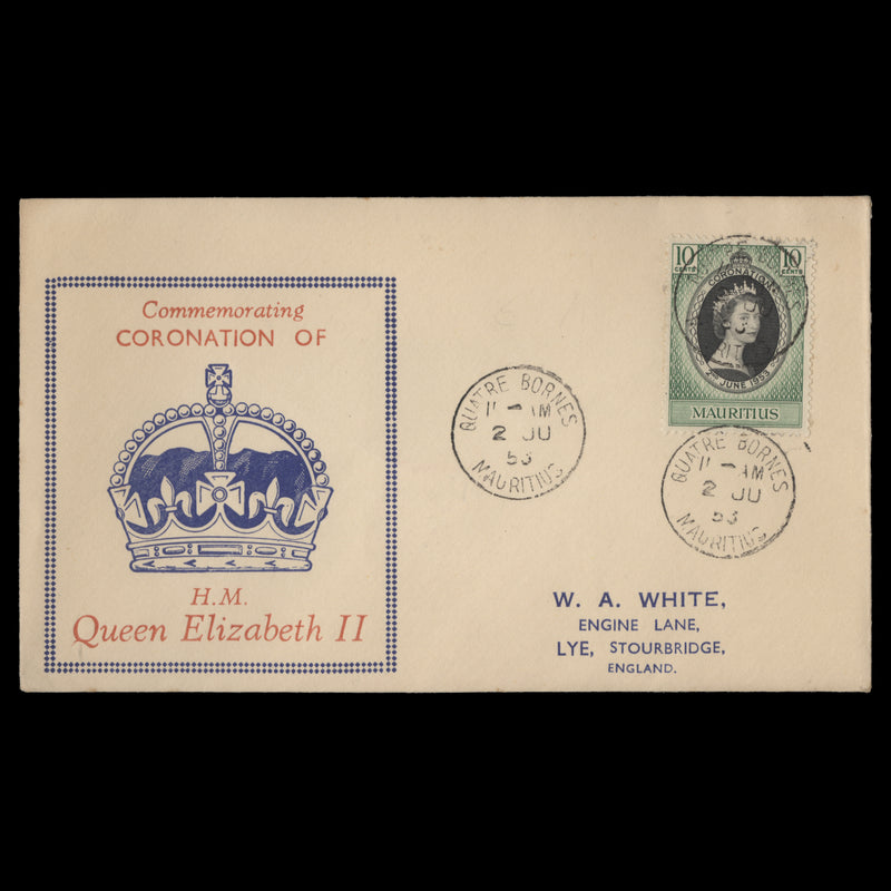 Mauritius 1953 (FDC) 10c Coronation, QUATRE BORNES