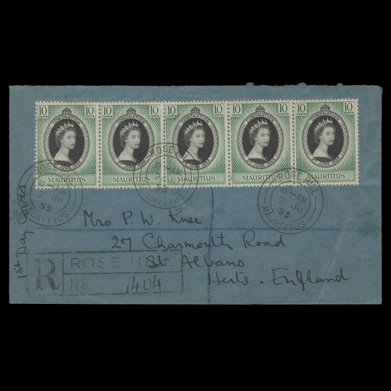 Mauritius 1953 (FDC) 10c Coronation strip, ROSE HILL