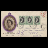 Mauritius 1953 (FDC) 10c Coronation strip and single, ROSE HILL