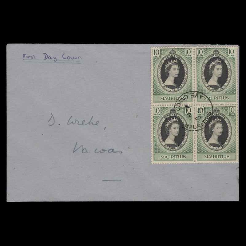 Mauritius 1953 (FDC) 10c Coronation block, GRAND BAY