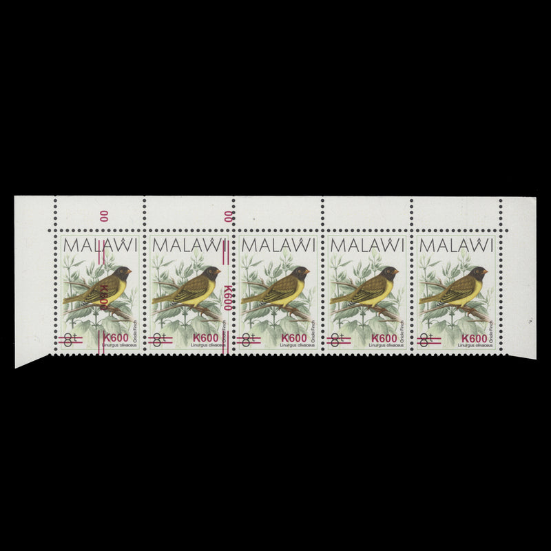 Malawi 2018 (Variety) K600/8t Oriole Finch strip with double surcharge on two stamps