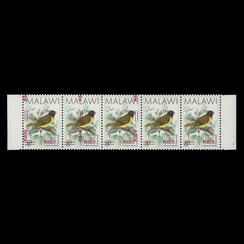 Malawi 2018 (MNH) K600/8t Oriole Finch strip with double surcharge reading up on three stamps