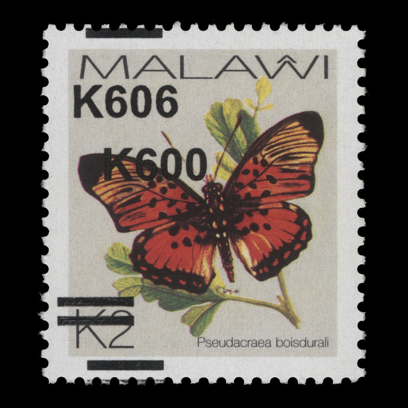 Malawi 2022 (Variety) K600/K2 Psuedacraea Boisdurali with double surcharge