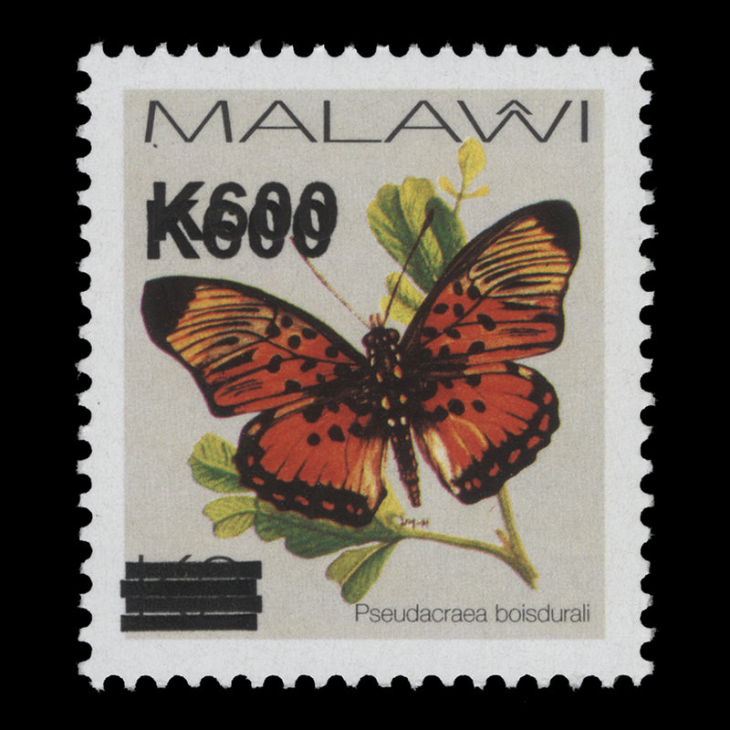 Malawi 2022 (Variety) K600/K2 Psuedacraea Boisdurali with double surcharge