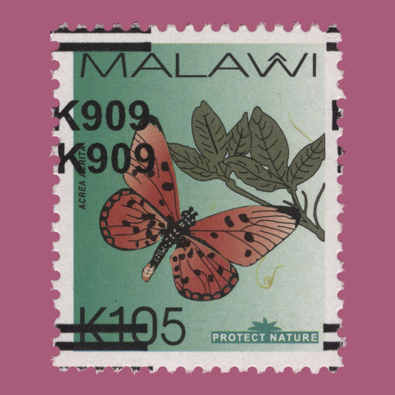 Malawi 2022 (Variety) K105 Acraea Acrita with double incorrect surcharge