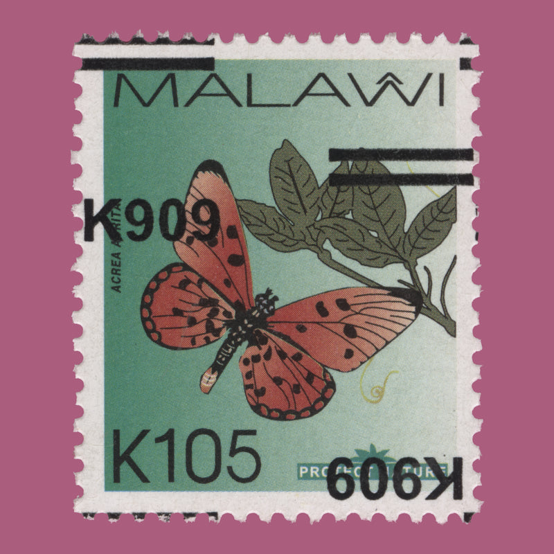 Malawi 2022 (Variety) K105 Acraea Acrita with double incorrect surcharge, one inverted