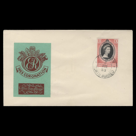 North Borneo 1953 (FDC) 10c Coronation, SANDAKAN