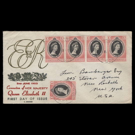 North Borneo 1953 (FDC) 10c Coronation single and strips, BEAUFORT
