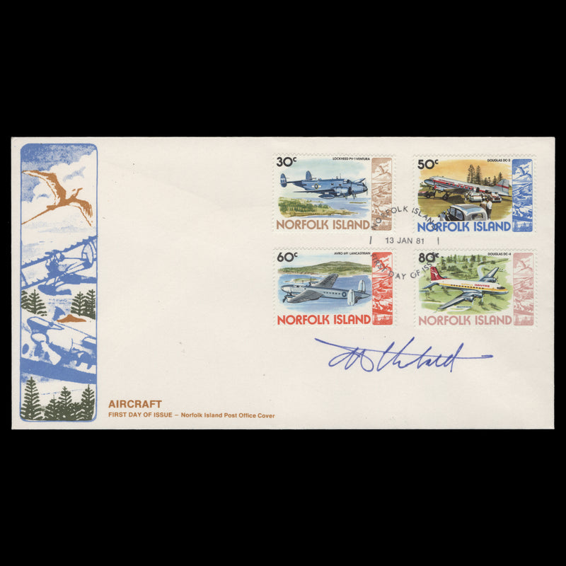 Norfolk Island 1981 Aircraft Definitives first day cover signed by Tony Theobald