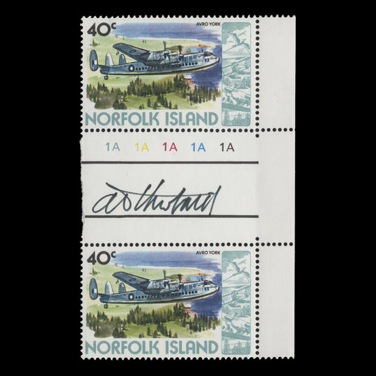 Norfolk Island 1981 (MNH) 40c Avro York gutter plate pair signed by designer