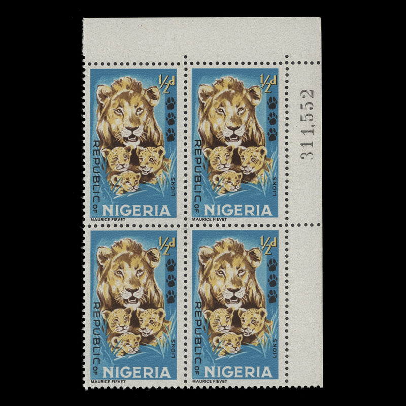 Nigeria 1965 (MNH) ½d Lion and Cubs sheet number block