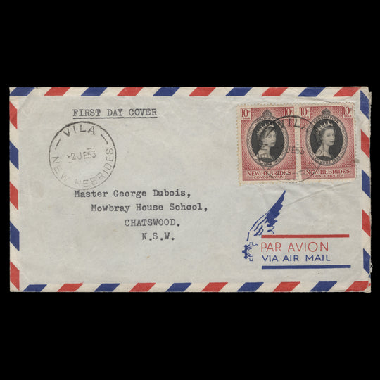 New Hebrides 1953 (FDC) 10c Coronation pair, VILA