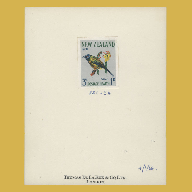 New Zealand 1966 3d+1d Bellbird essay on De La Rue presentation card