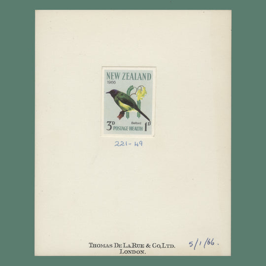 New Zealand 1966 3d+1d Bellbird essay on De La Rue presentation card
