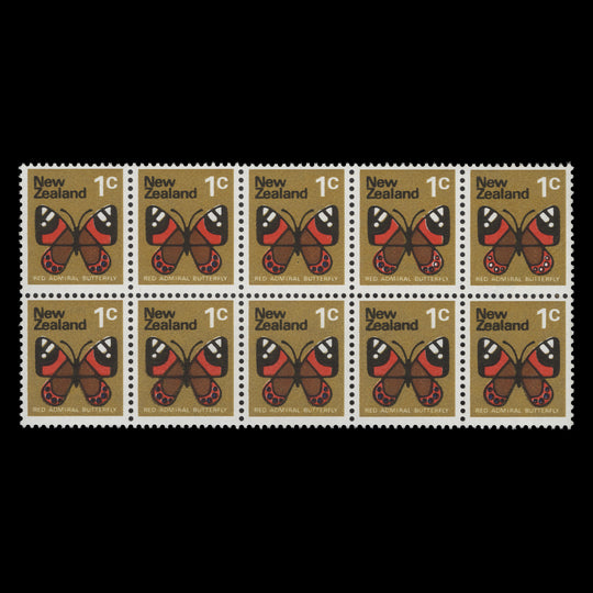 New Zealand 1973 (Variety) 1c Red Admiral Butterfly block progressively missing blue