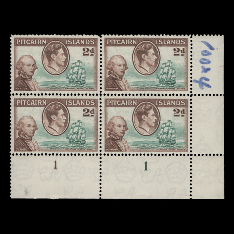 Pitcairn Islands 1940 (MNH) 2d Bligh and HMS Bounty plate 1–1 block