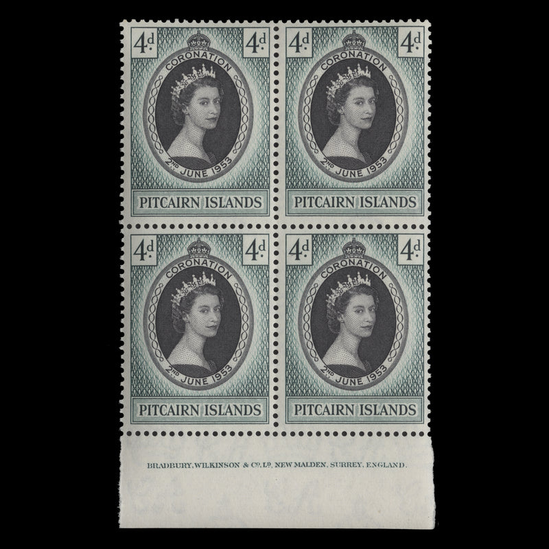 Pitcairn Islands 1953 (MNH) 4d Coronation imprint block