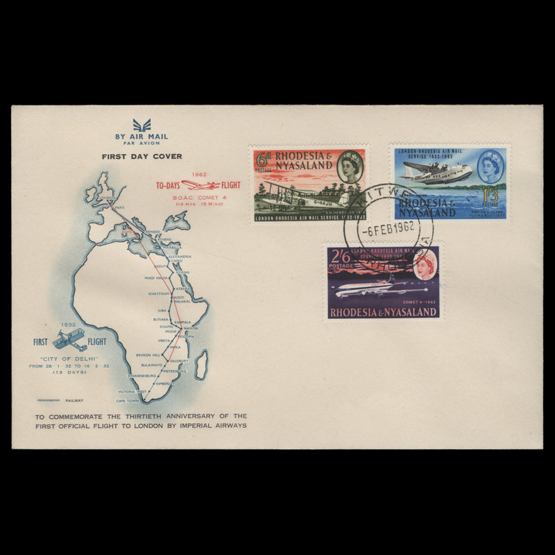 Rhodesia & Nyasaland 1962 Airmail Service Anniversary first day cover, KITWE
