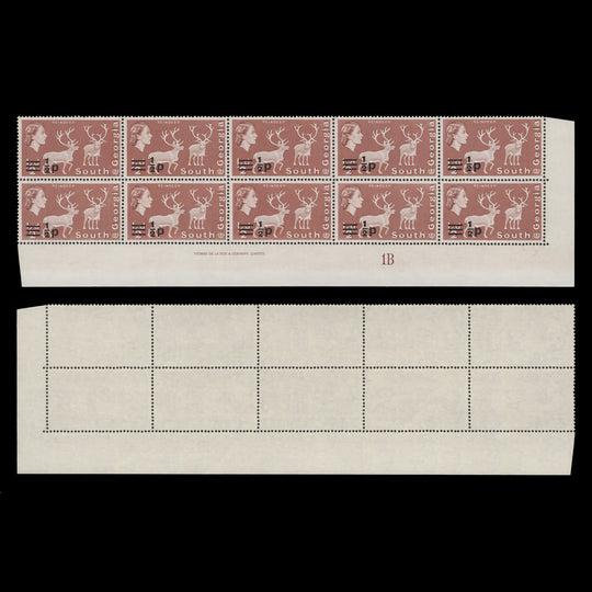 South Georgia 1971 (MNH) ½p/½d Reindeer imprint/plate 1B block
