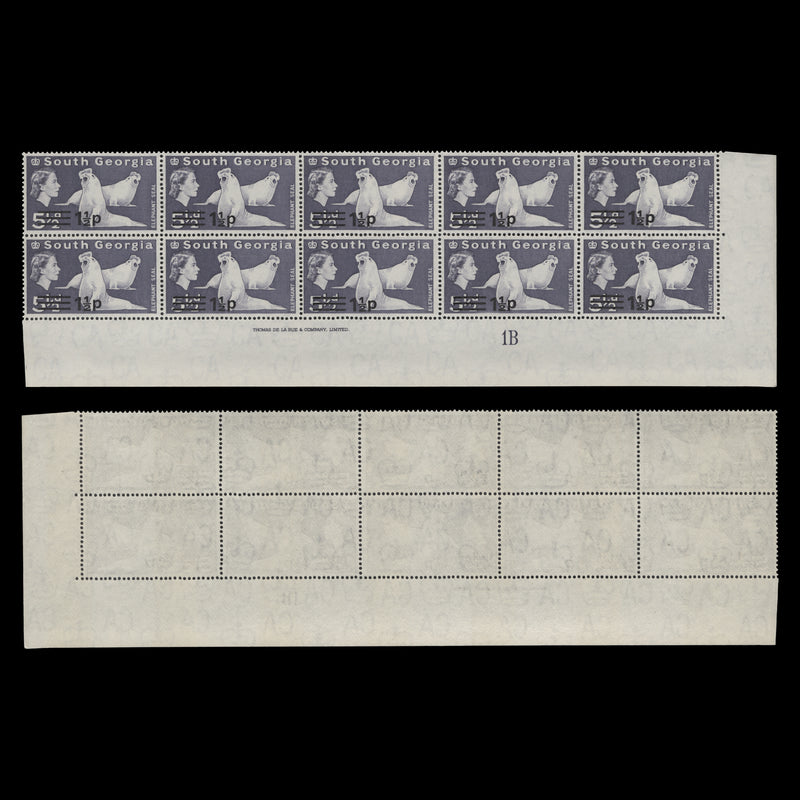 South Georgia 1971 (MNH) 1½p/5½d Elephant Seal imprint/plate 1B block