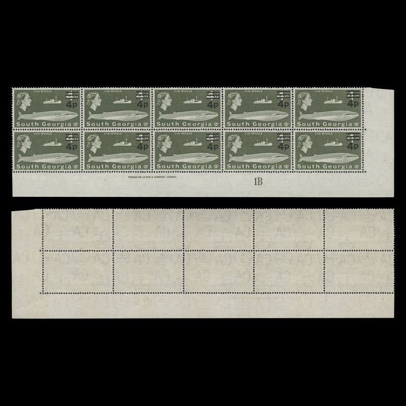 South Georgia 1971 (MNH) 4p/4d Fin Whale imprint/plate 1B block