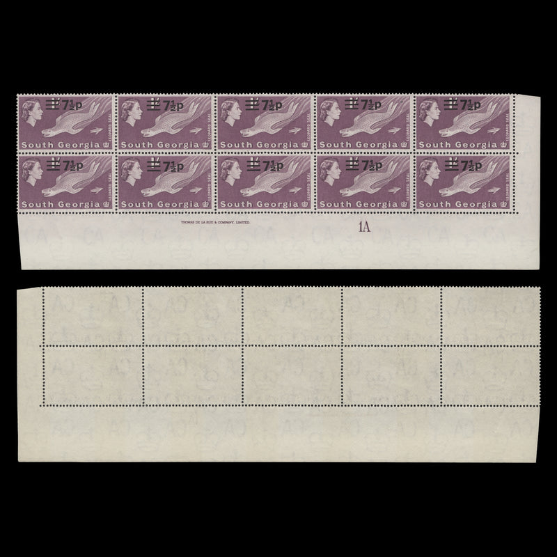 South Georgia 1971 (MNH) 7½p/1s Leopard Seal imprint/plate 1A block