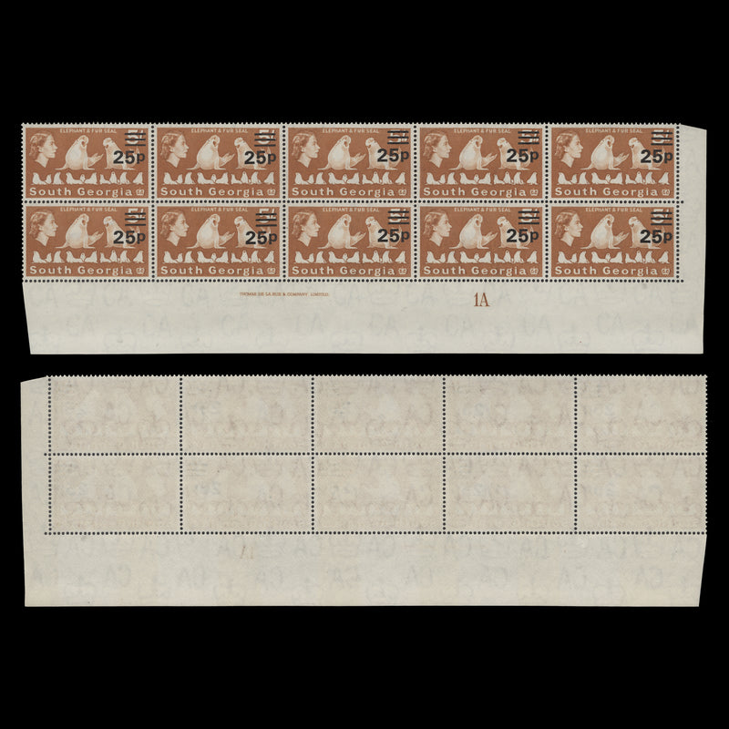 South Georgia 1971 (MNH) 25p/5s Elephant and Fur Seal imprint/plate 1A block
