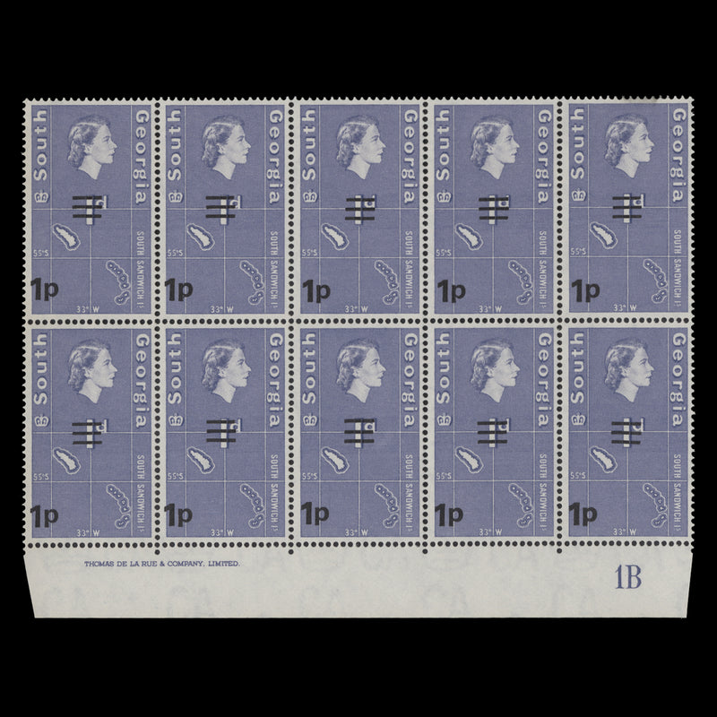 South Georgia 1971 (MNH) 1p/1d South Sandwich Islands imprint/plate 1B block