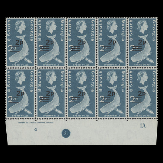 South Georgia 1971 (MNH) 2p/2d Sperm Whale imprint/plate 1A block
