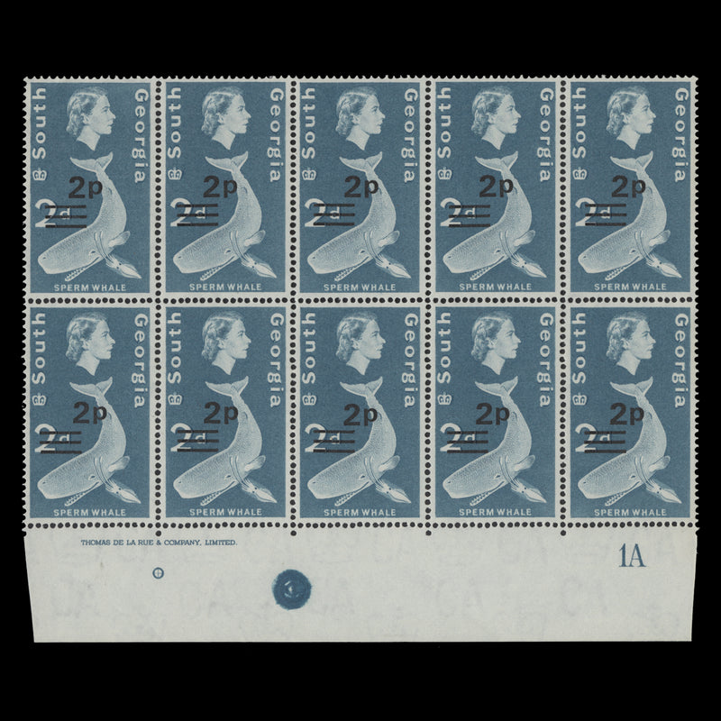 South Georgia 1971 (MNH) 2p/2d Sperm Whale imprint/plate 1A block