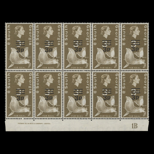 South Georgia 1971 (MNH) 3p/3d Fur Seals imprint/plate 1B block