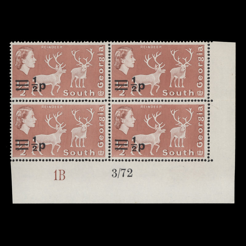 South Georgia 1972 (MNH) ½p/½d Reindeer imprint/plate 1B block