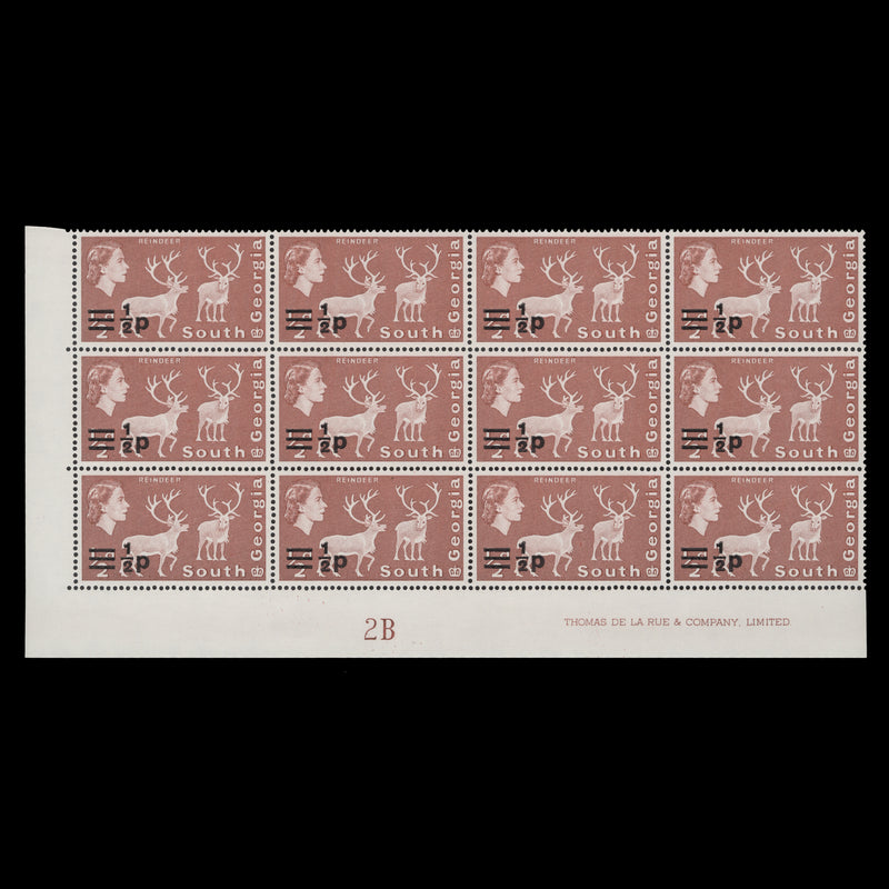 South Georgia 1973 (MNH) ½p/½d Reindeer imprint/plate 2B block