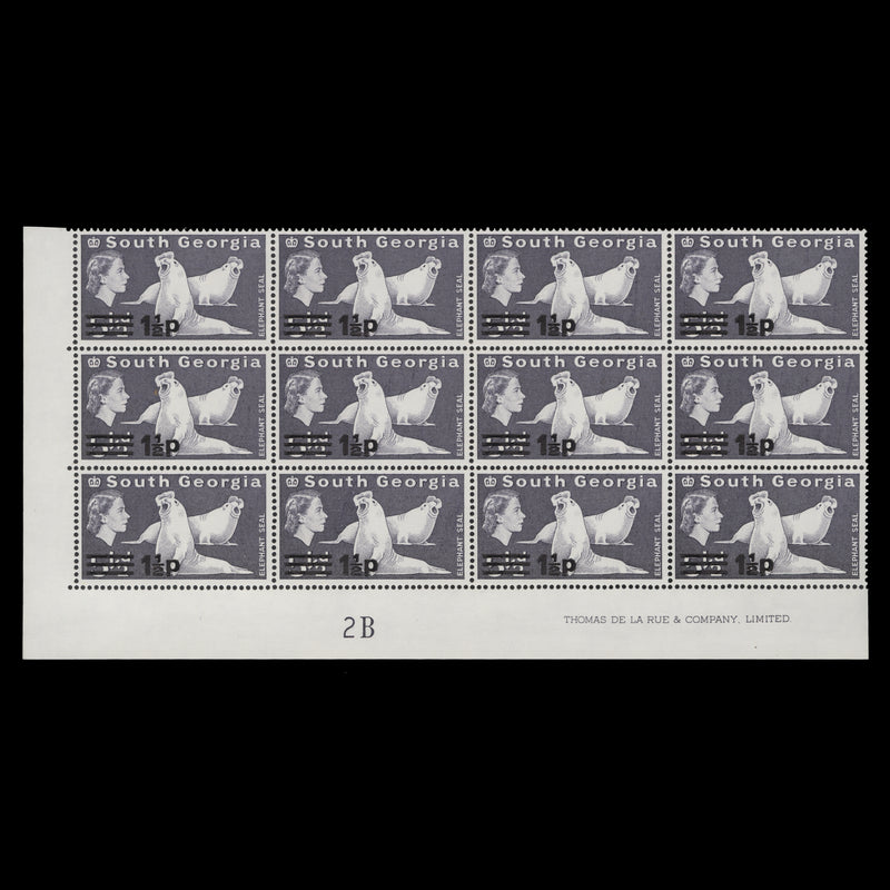 South Georgia 1973 (MNH) 1½p/5½d Elephant-Seal imprint/plate 2B block