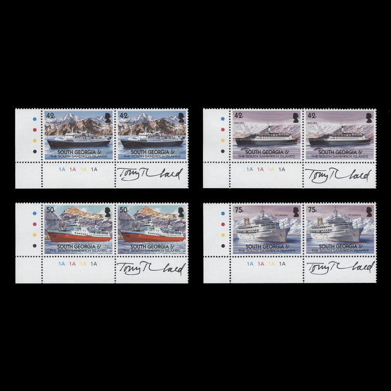 South Georgia 2004 (MNH) Merchant Ships plate pairs signed by Tony Theobald