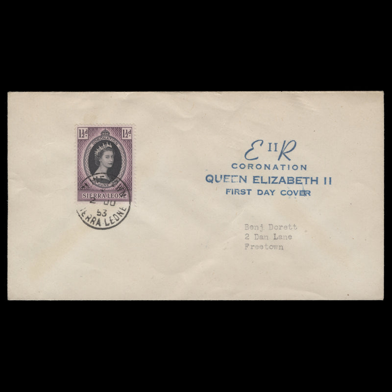 Sierra Leone 1953 (FDC) 1½d Coronation, CLINE TOWN