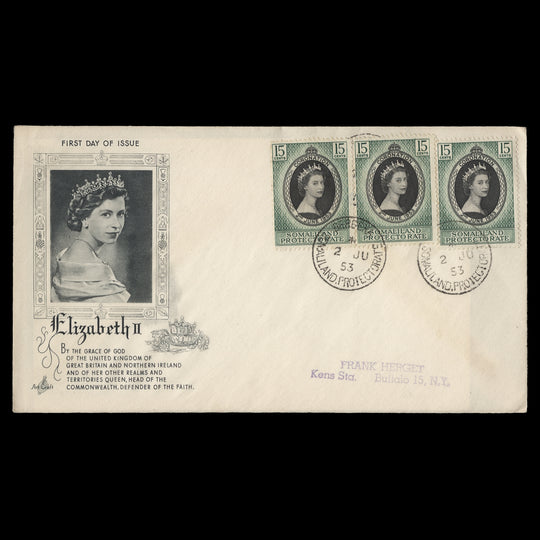 Somaliland Protectorate 1953 (FDC) 15c Coronation singles, BERBERA