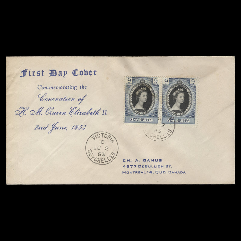 Seychelles 1953 (FDC) 9c Coronation pair, VICTORIA